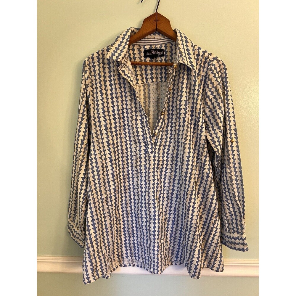 Liza Byrd M Top Blouse Peasant Gold‎ Button Popover Blue White